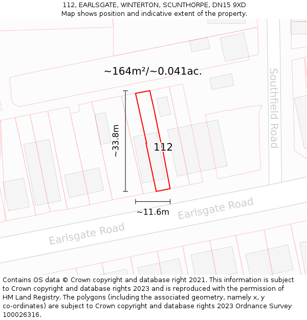 112, EARLSGATE, WINTERTON, SCUNTHORPE, DN15 9XD: Plot and title map