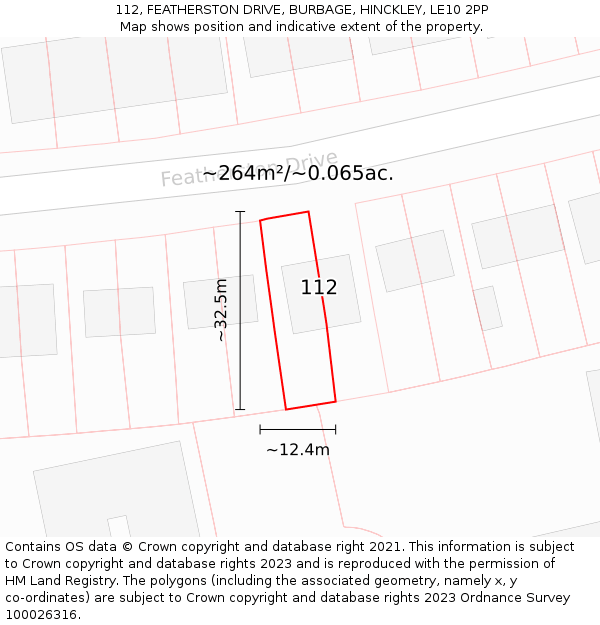 112, FEATHERSTON DRIVE, BURBAGE, HINCKLEY, LE10 2PP: Plot and title map