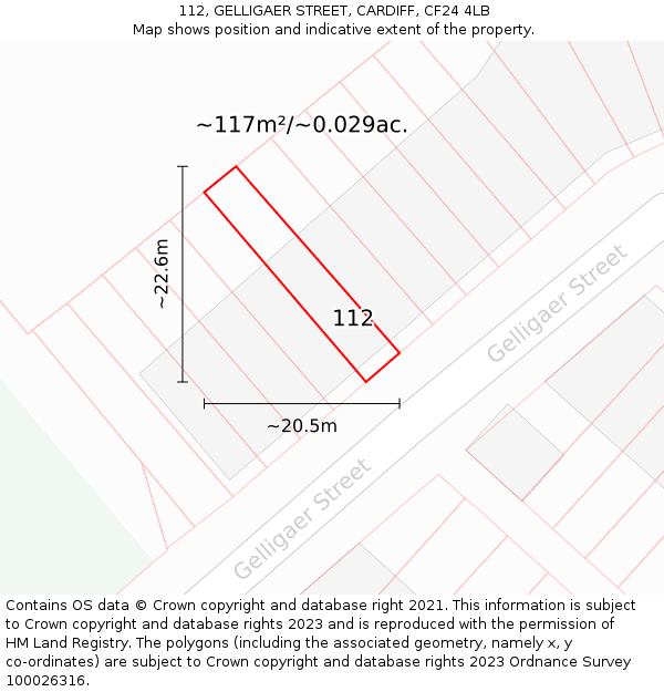 112, GELLIGAER STREET, CARDIFF, CF24 4LB: Plot and title map