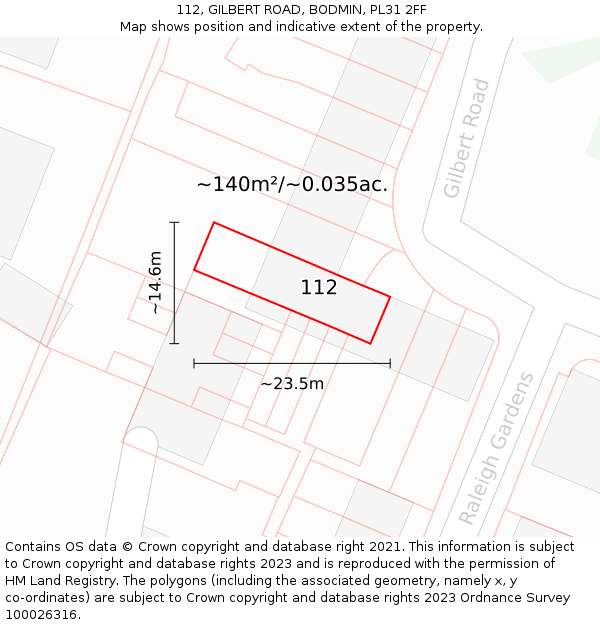112, GILBERT ROAD, BODMIN, PL31 2FF: Plot and title map
