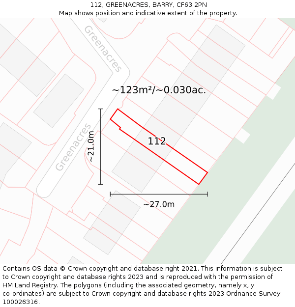 112, GREENACRES, BARRY, CF63 2PN: Plot and title map