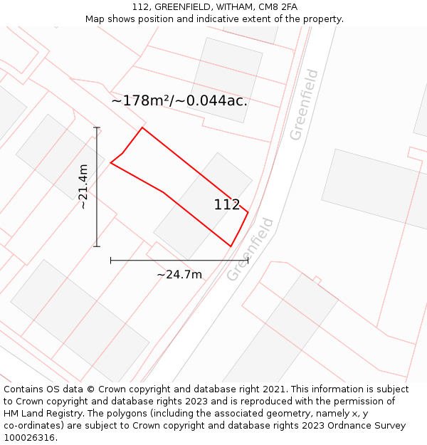 112, GREENFIELD, WITHAM, CM8 2FA: Plot and title map