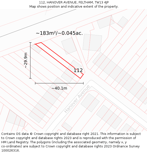 112, HANOVER AVENUE, FELTHAM, TW13 4JP: Plot and title map