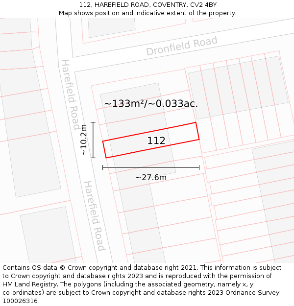112, HAREFIELD ROAD, COVENTRY, CV2 4BY: Plot and title map