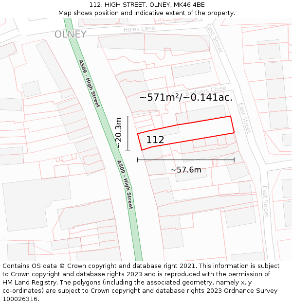 112, HIGH STREET, OLNEY, MK46 4BE: Plot and title map