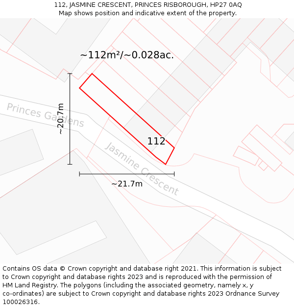 112, JASMINE CRESCENT, PRINCES RISBOROUGH, HP27 0AQ: Plot and title map