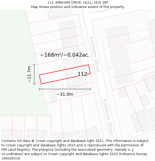 112, KIRKHAM DRIVE, HULL, HU5 2BT: Plot and title map