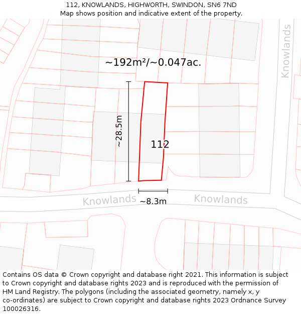 112, KNOWLANDS, HIGHWORTH, SWINDON, SN6 7ND: Plot and title map