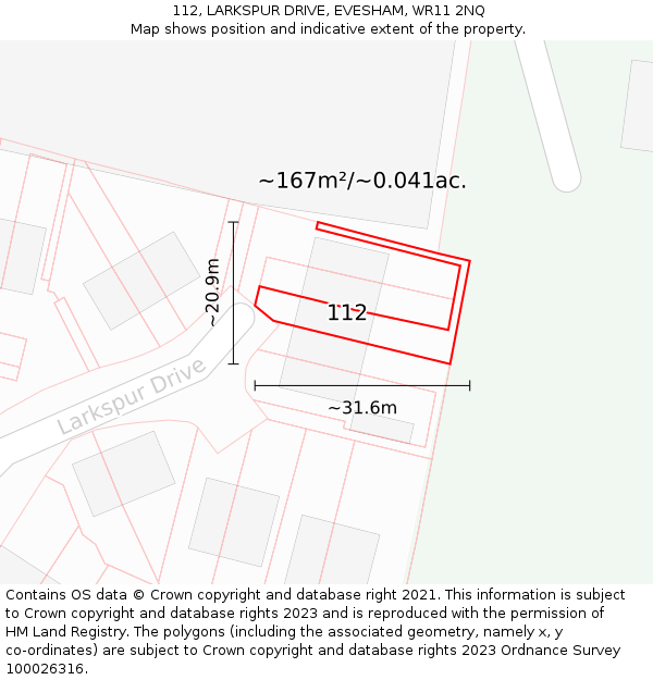 112, LARKSPUR DRIVE, EVESHAM, WR11 2NQ: Plot and title map