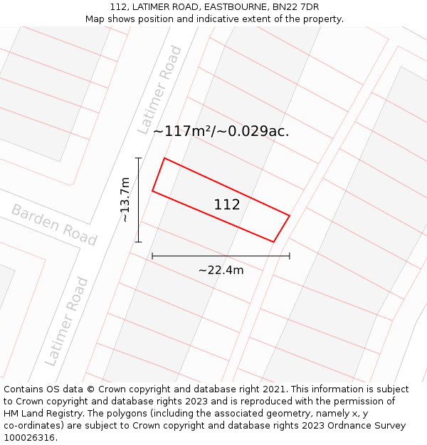 112, LATIMER ROAD, EASTBOURNE, BN22 7DR: Plot and title map