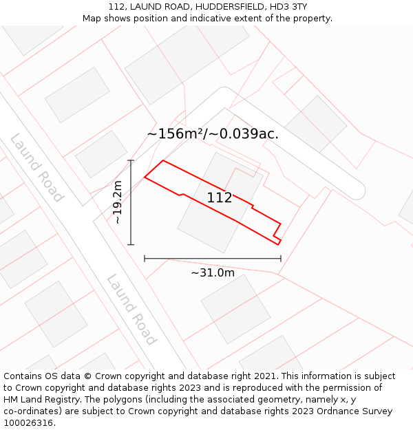 112, LAUND ROAD, HUDDERSFIELD, HD3 3TY: Plot and title map