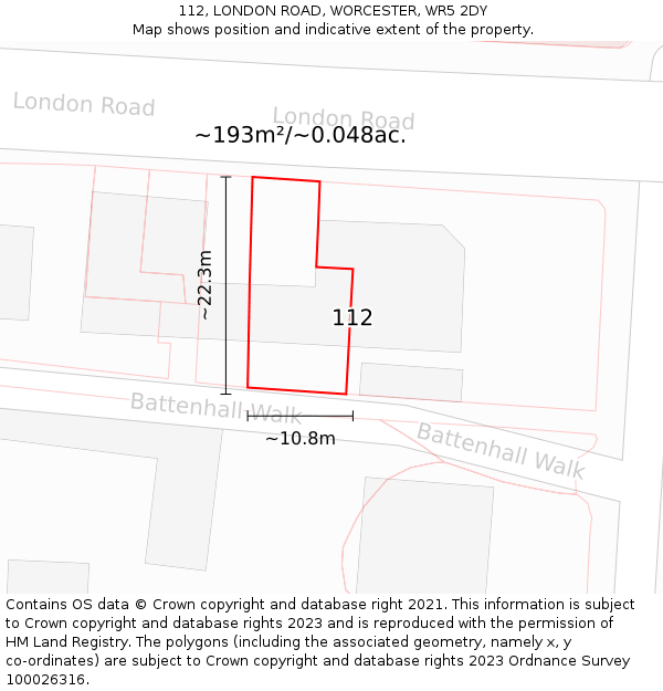112, LONDON ROAD, WORCESTER, WR5 2DY: Plot and title map