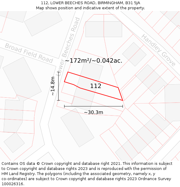 112, LOWER BEECHES ROAD, BIRMINGHAM, B31 5JA: Plot and title map