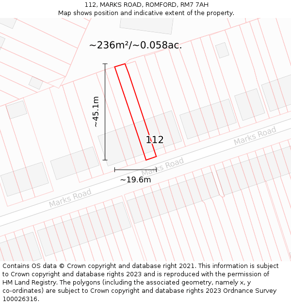 112, MARKS ROAD, ROMFORD, RM7 7AH: Plot and title map