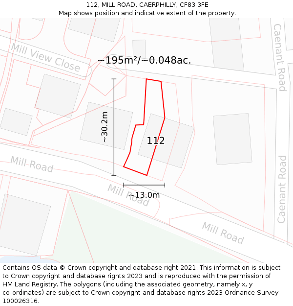 112, MILL ROAD, CAERPHILLY, CF83 3FE: Plot and title map