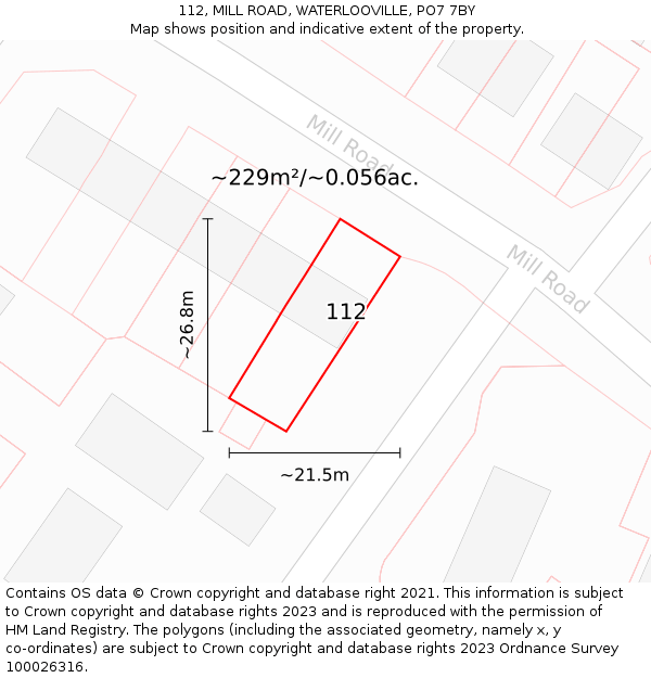 112, MILL ROAD, WATERLOOVILLE, PO7 7BY: Plot and title map