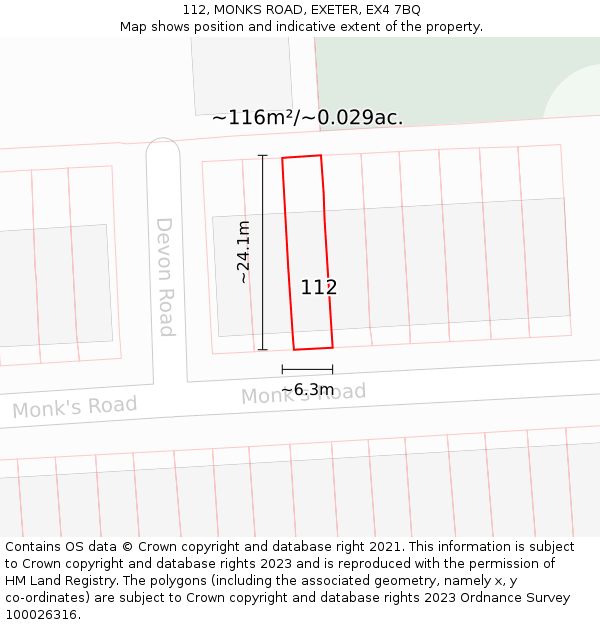 112, MONKS ROAD, EXETER, EX4 7BQ: Plot and title map