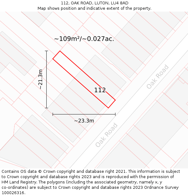112, OAK ROAD, LUTON, LU4 8AD: Plot and title map