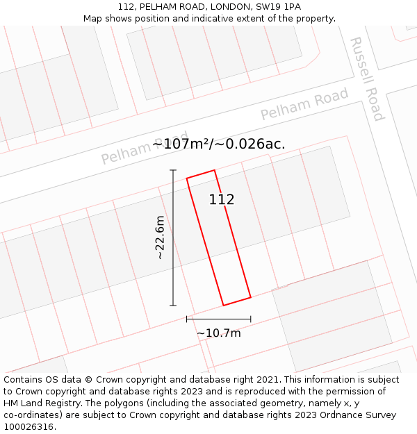 112, PELHAM ROAD, LONDON, SW19 1PA: Plot and title map