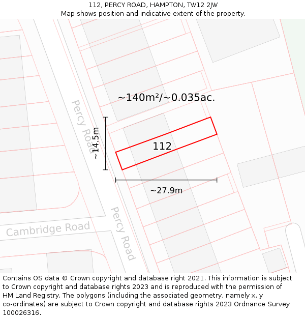 112, PERCY ROAD, HAMPTON, TW12 2JW: Plot and title map