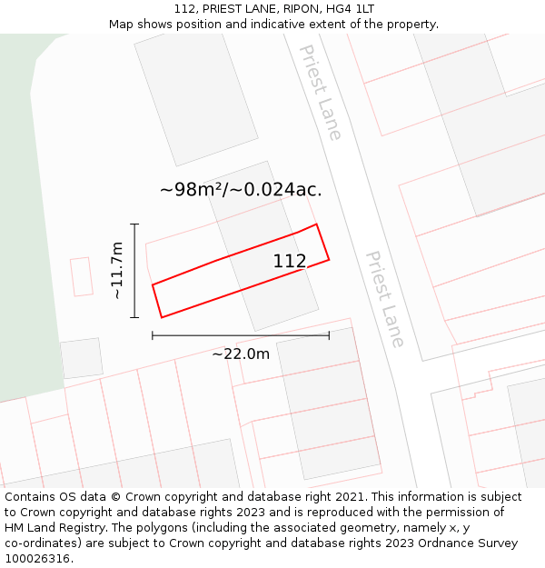 112, PRIEST LANE, RIPON, HG4 1LT: Plot and title map