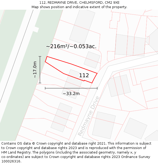 112, REDMAYNE DRIVE, CHELMSFORD, CM2 9XE: Plot and title map