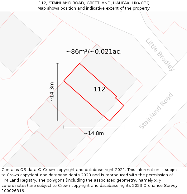 112, STAINLAND ROAD, GREETLAND, HALIFAX, HX4 8BQ: Plot and title map