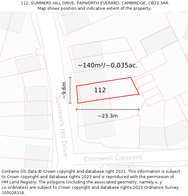 112, SUMMERS HILL DRIVE, PAPWORTH EVERARD, CAMBRIDGE, CB23 3AA: Plot and title map