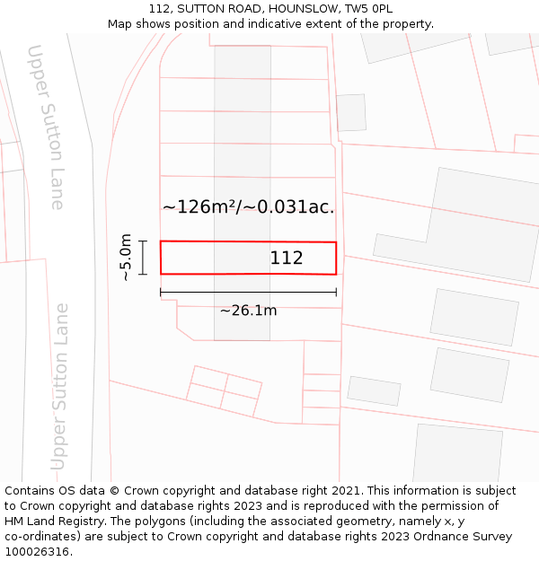 112, SUTTON ROAD, HOUNSLOW, TW5 0PL: Plot and title map