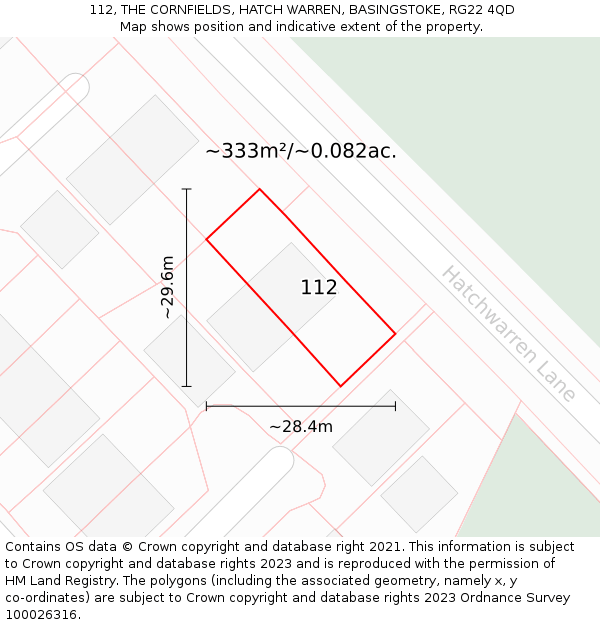 112, THE CORNFIELDS, HATCH WARREN, BASINGSTOKE, RG22 4QD: Plot and title map