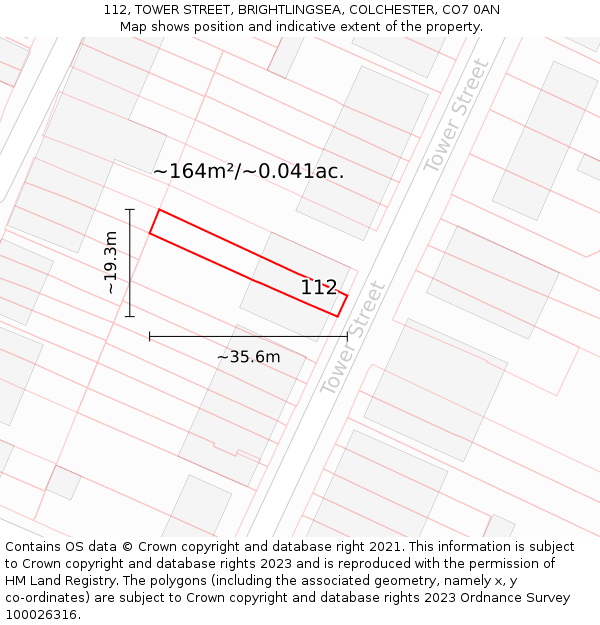 112, TOWER STREET, BRIGHTLINGSEA, COLCHESTER, CO7 0AN: Plot and title map