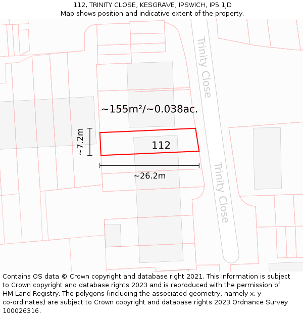112, TRINITY CLOSE, KESGRAVE, IPSWICH, IP5 1JD: Plot and title map