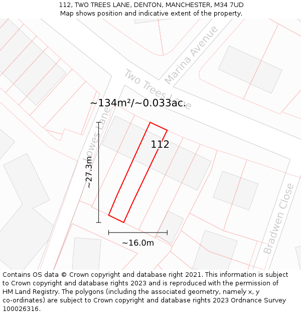 112, TWO TREES LANE, DENTON, MANCHESTER, M34 7UD: Plot and title map