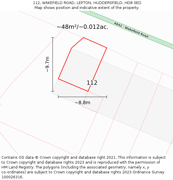 112, WAKEFIELD ROAD, LEPTON, HUDDERSFIELD, HD8 0ED: Plot and title map