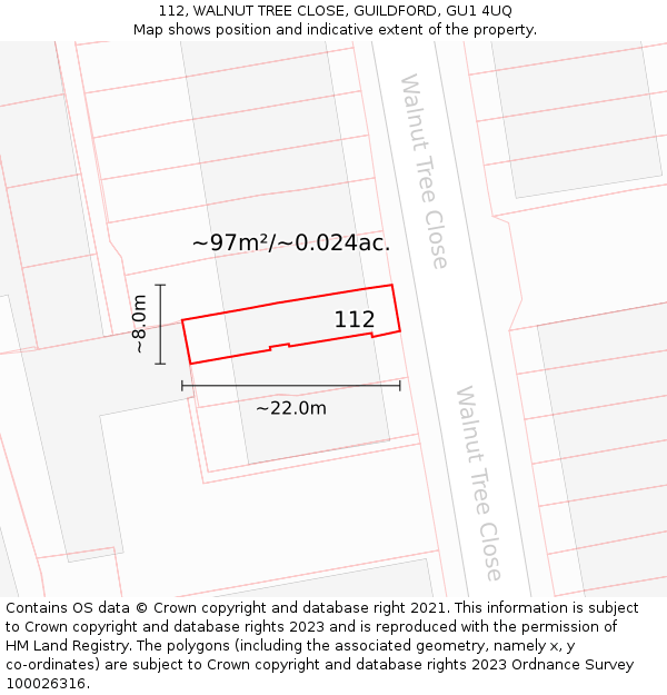 112, WALNUT TREE CLOSE, GUILDFORD, GU1 4UQ: Plot and title map