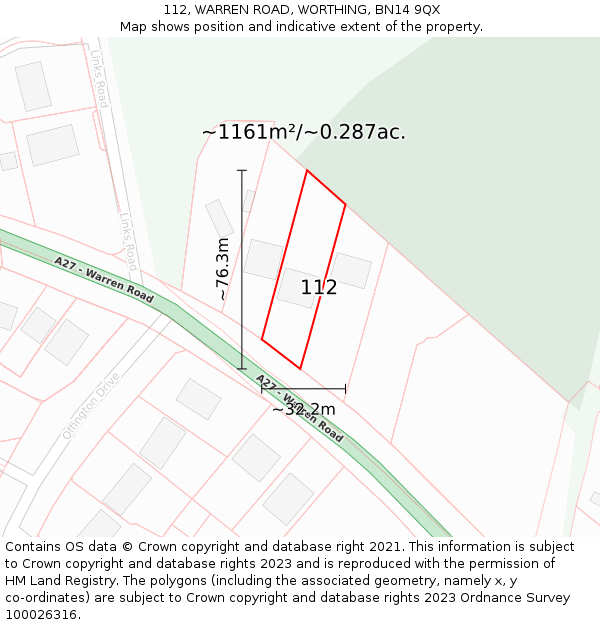 112, WARREN ROAD, WORTHING, BN14 9QX: Plot and title map