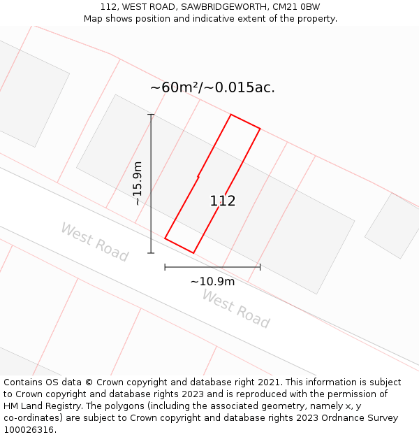 112, WEST ROAD, SAWBRIDGEWORTH, CM21 0BW: Plot and title map