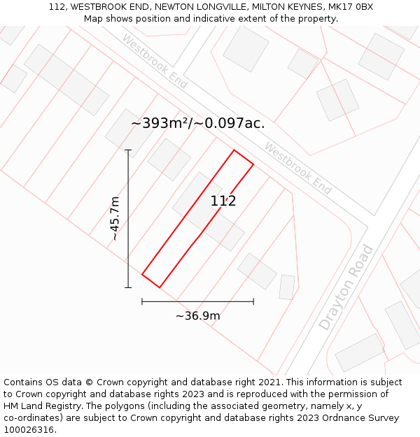 112, WESTBROOK END, NEWTON LONGVILLE, MILTON KEYNES, MK17 0BX: Plot and title map