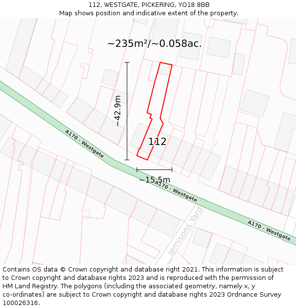 112, WESTGATE, PICKERING, YO18 8BB: Plot and title map