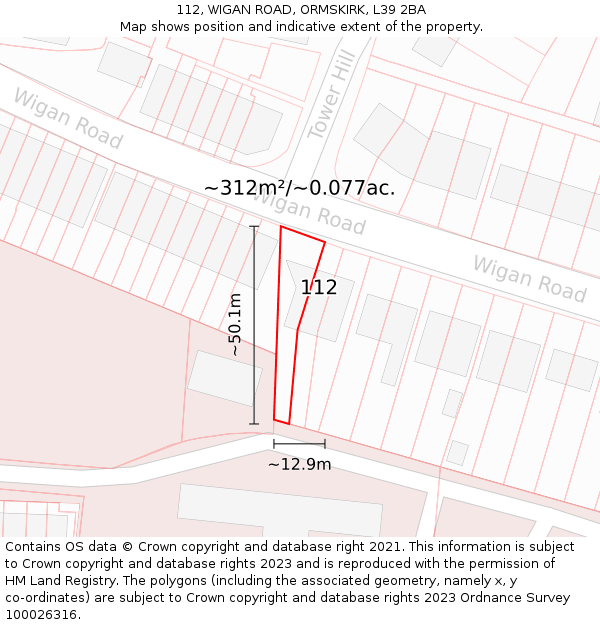 112, WIGAN ROAD, ORMSKIRK, L39 2BA: Plot and title map