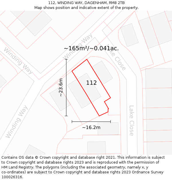 112, WINDING WAY, DAGENHAM, RM8 2TB: Plot and title map