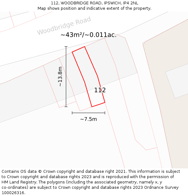 112, WOODBRIDGE ROAD, IPSWICH, IP4 2NL: Plot and title map