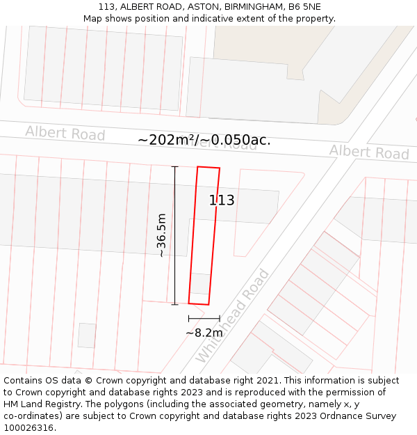 113, ALBERT ROAD, ASTON, BIRMINGHAM, B6 5NE: Plot and title map