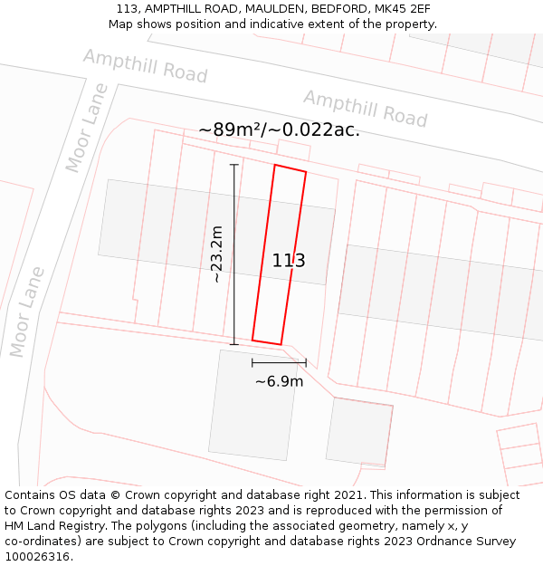 113, AMPTHILL ROAD, MAULDEN, BEDFORD, MK45 2EF: Plot and title map