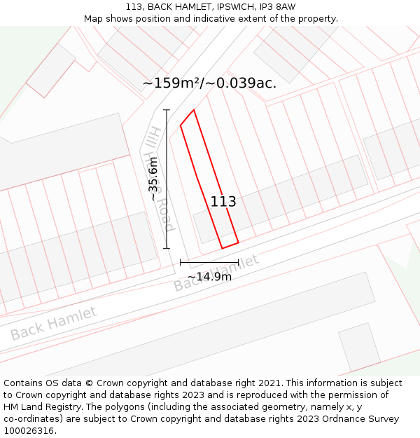 113, BACK HAMLET, IPSWICH, IP3 8AW: Plot and title map