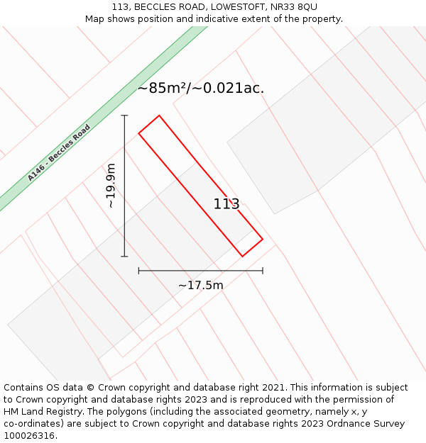 113, BECCLES ROAD, LOWESTOFT, NR33 8QU: Plot and title map