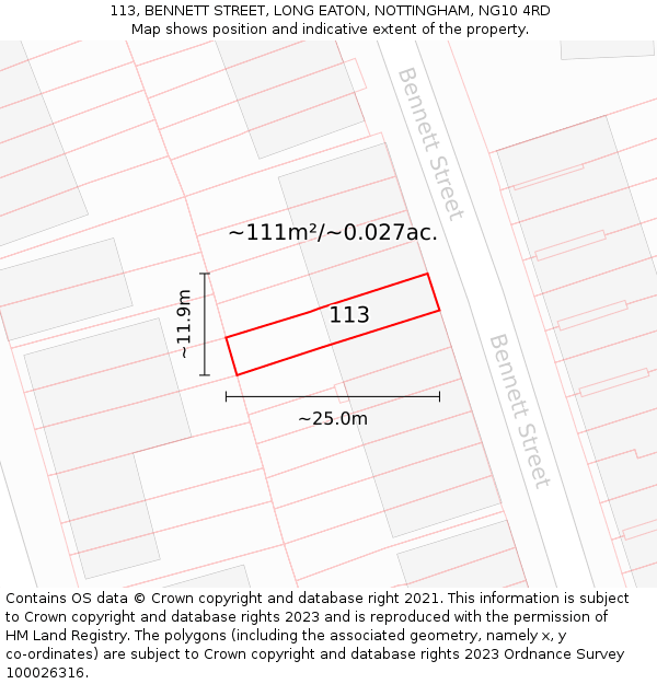 113, BENNETT STREET, LONG EATON, NOTTINGHAM, NG10 4RD: Plot and title map