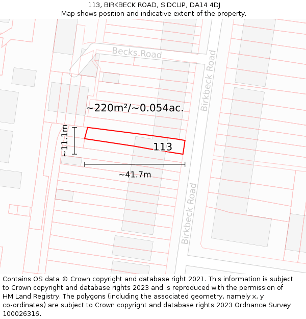 113, BIRKBECK ROAD, SIDCUP, DA14 4DJ: Plot and title map