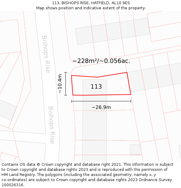 113, BISHOPS RISE, HATFIELD, AL10 9ES: Plot and title map