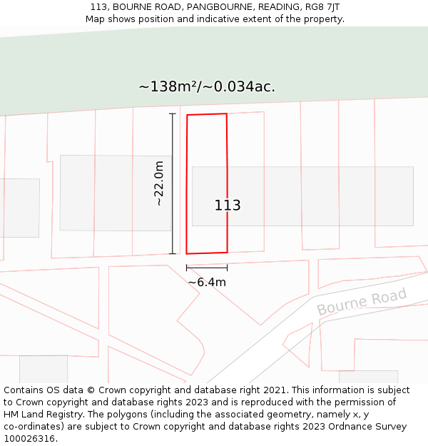 113, BOURNE ROAD, PANGBOURNE, READING, RG8 7JT: Plot and title map